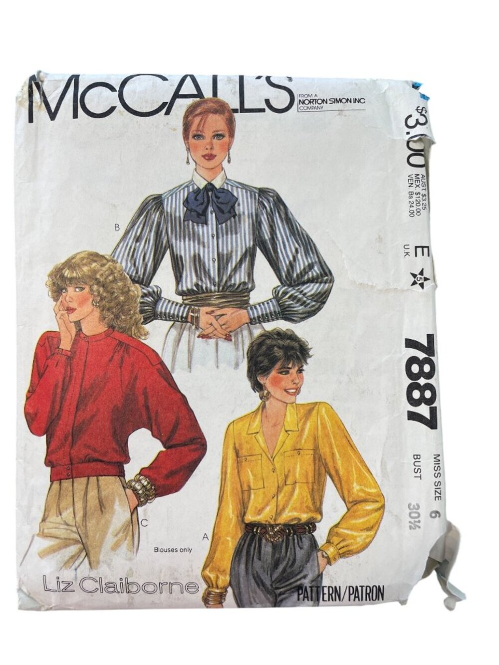 Vintage 80s McCalls 7887 Liz Claiborne Sewing Pattern Size 6 Misses Blouse UNCUT